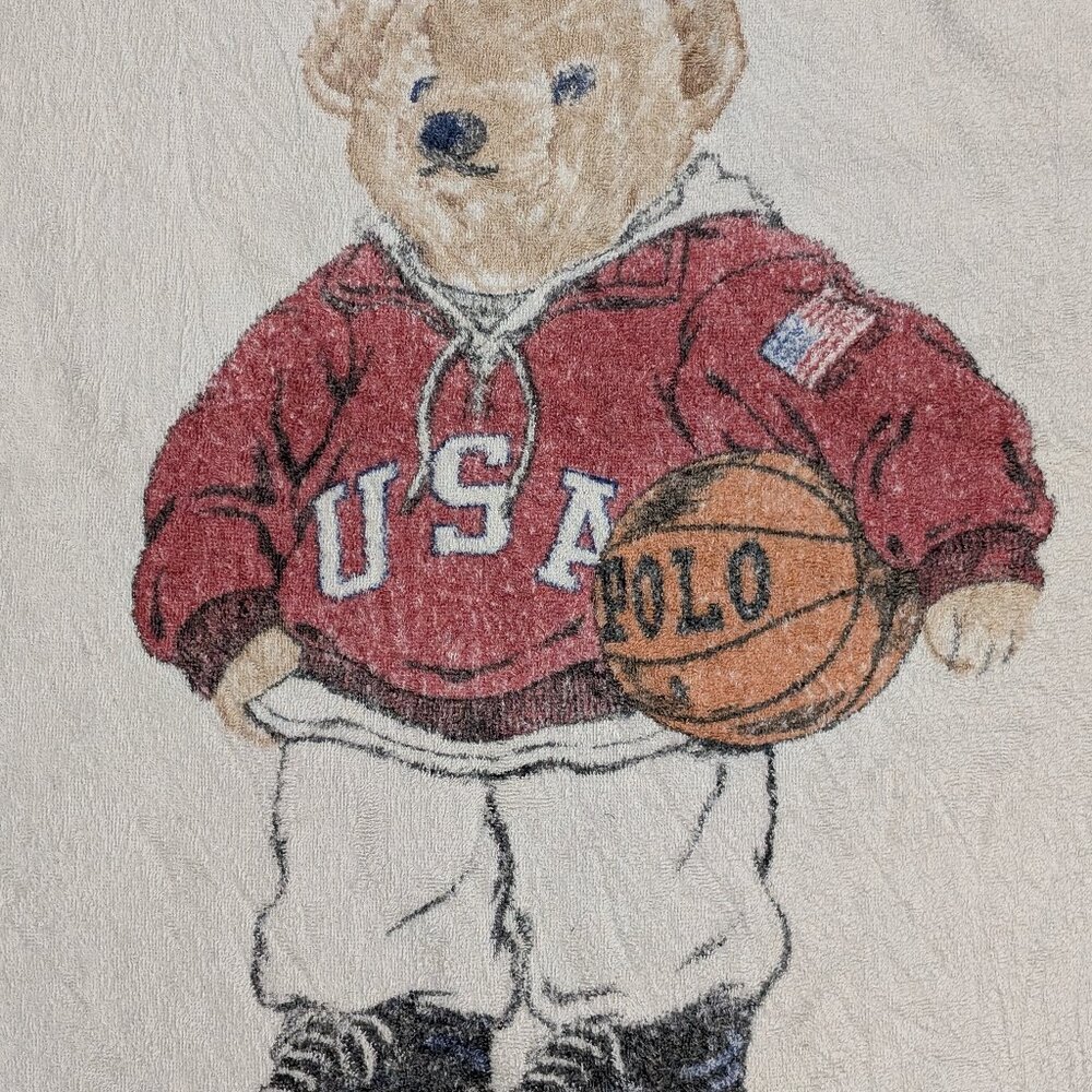 Vintage Polo Bear Ralph Lauren Sport USA Flag Cotton White Beach Towel 34" X 65"